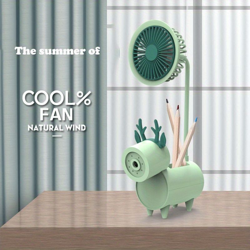 Cute Cartoon USB Fans With Pen Holder Pencil Sharpener, Rechargeable Fan For Children Business Gift