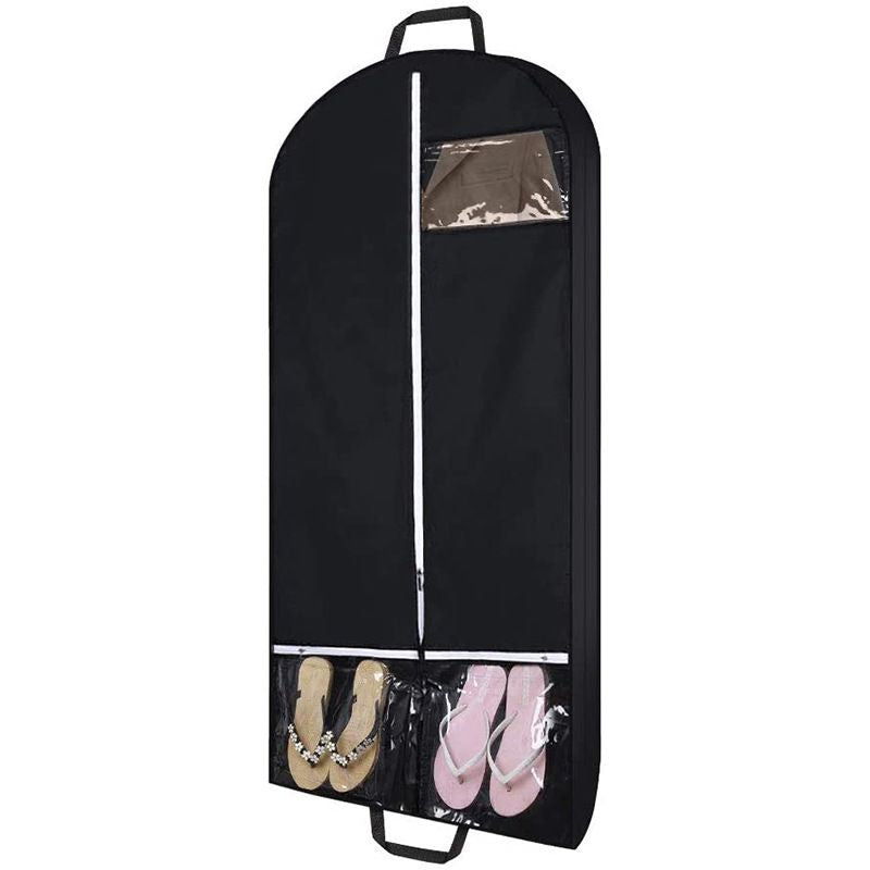 1pc Black Polyester Clothes Dust Bag; Multiple Clear Pockets Garment Organizer; Suit Cover With Side Bands; Hanging Garment Bag