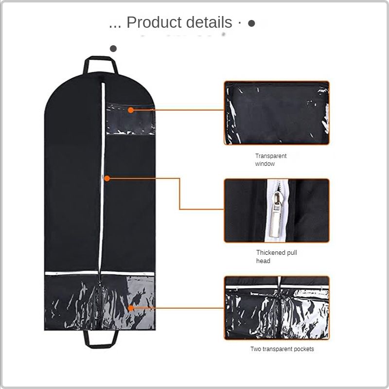 1pc Black Polyester Clothes Dust Bag; Multiple Clear Pockets Garment Organizer; Suit Cover With Side Bands; Hanging Garment Bag