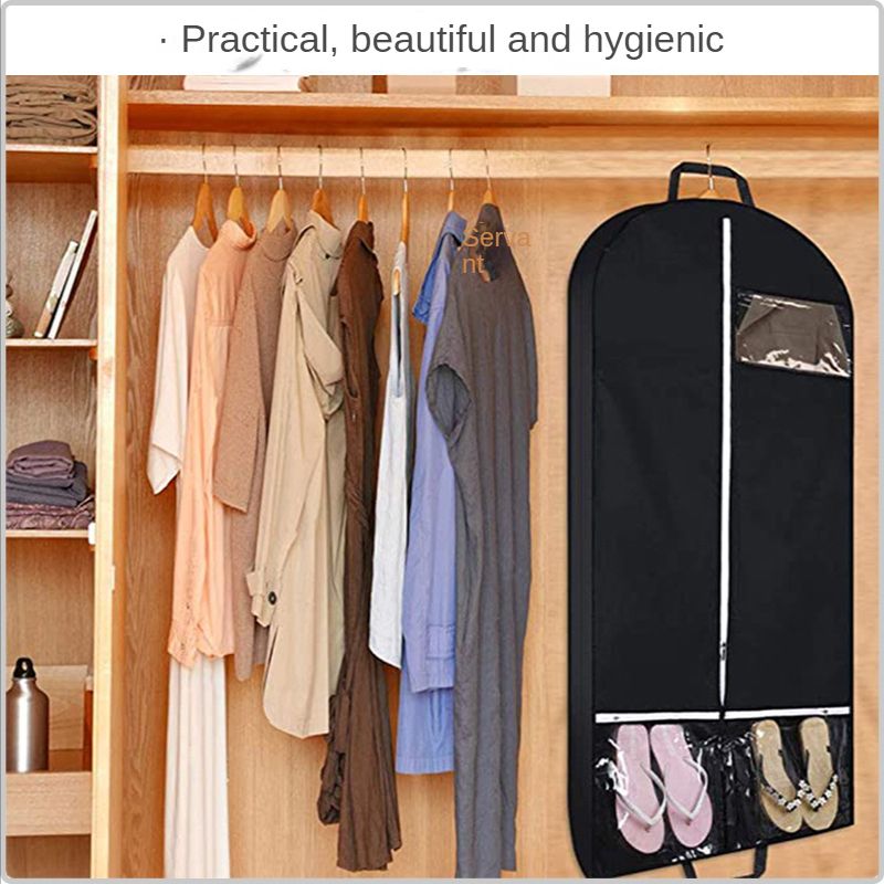 1pc Black Polyester Clothes Dust Bag; Multiple Clear Pockets Garment Organizer; Suit Cover With Side Bands; Hanging Garment Bag