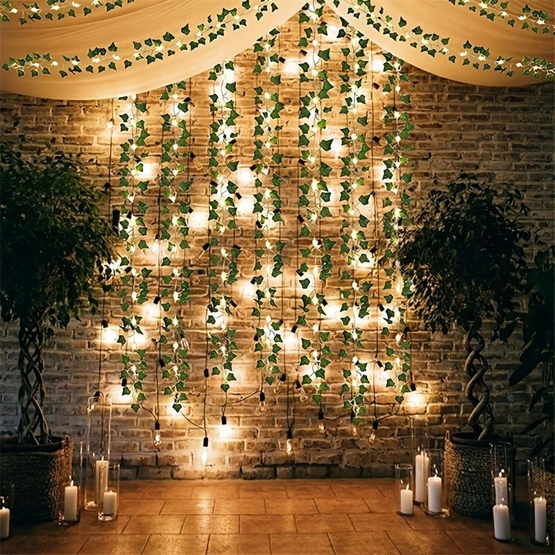 1 Roll Of Artificial Ivy Leaf Plants With LED String Lights (86.6''); Green Vine Garland Hanging Lights For Wall Party Wedding Room Home Kitchen Indoor & Outdoor Decoration