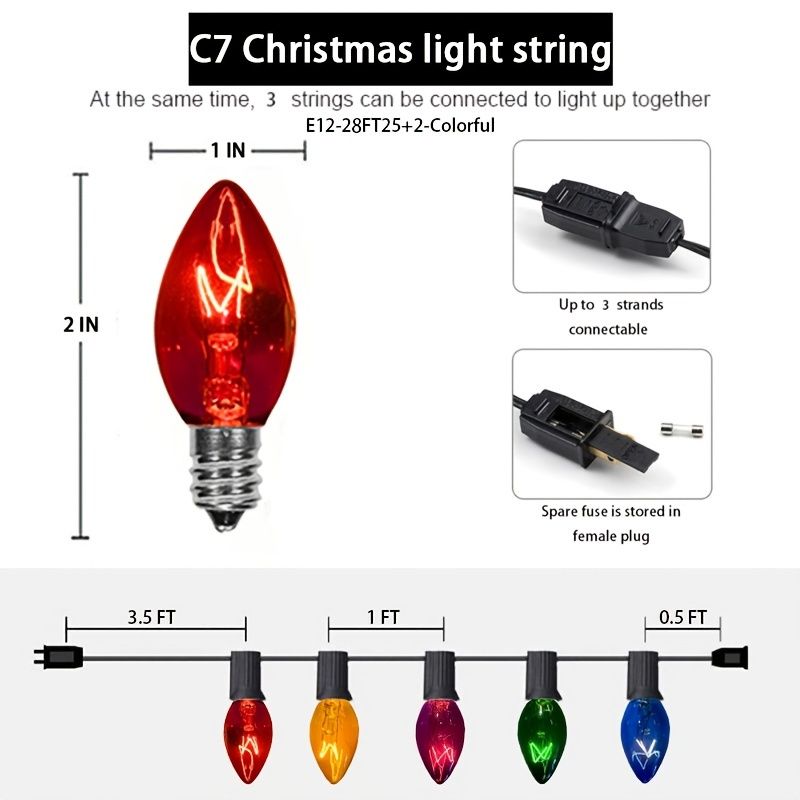 C7 Multi-color Christmas Decorative Lights; 28 Feet Retro Christmas Tree Lamps; Outdoor Roof Line String Lights; 27 Light Bulbs