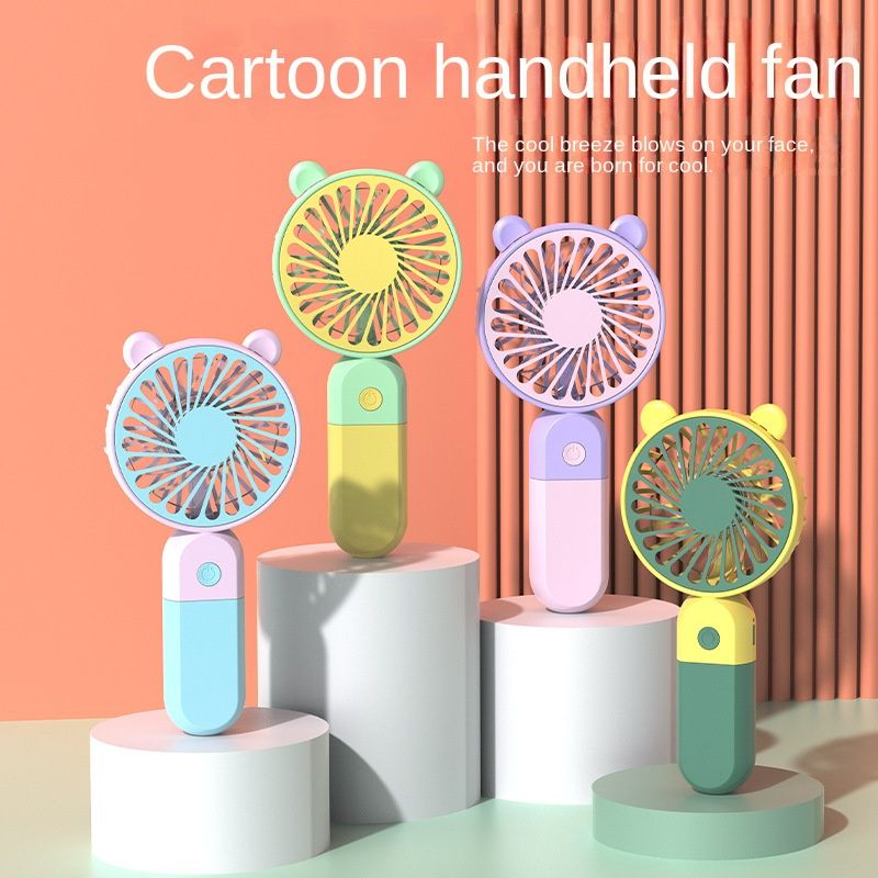 2024 cartoon handheld small fan USB charging small fan student desktop outdoor portable two-color small fan