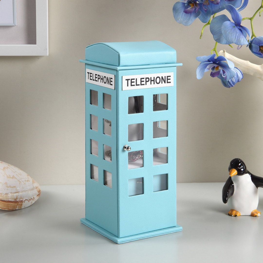 11.5" Tall Leather Jewelry Box, British Telephone Design, Pastel Blue