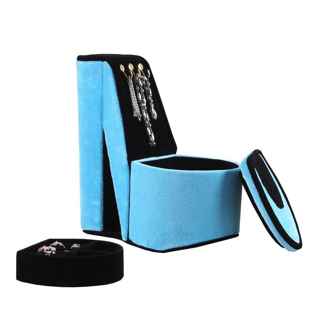 9" Tall Display Jewelry Box with Hooks, High Heel Shoe Design, Turquoise Velvet