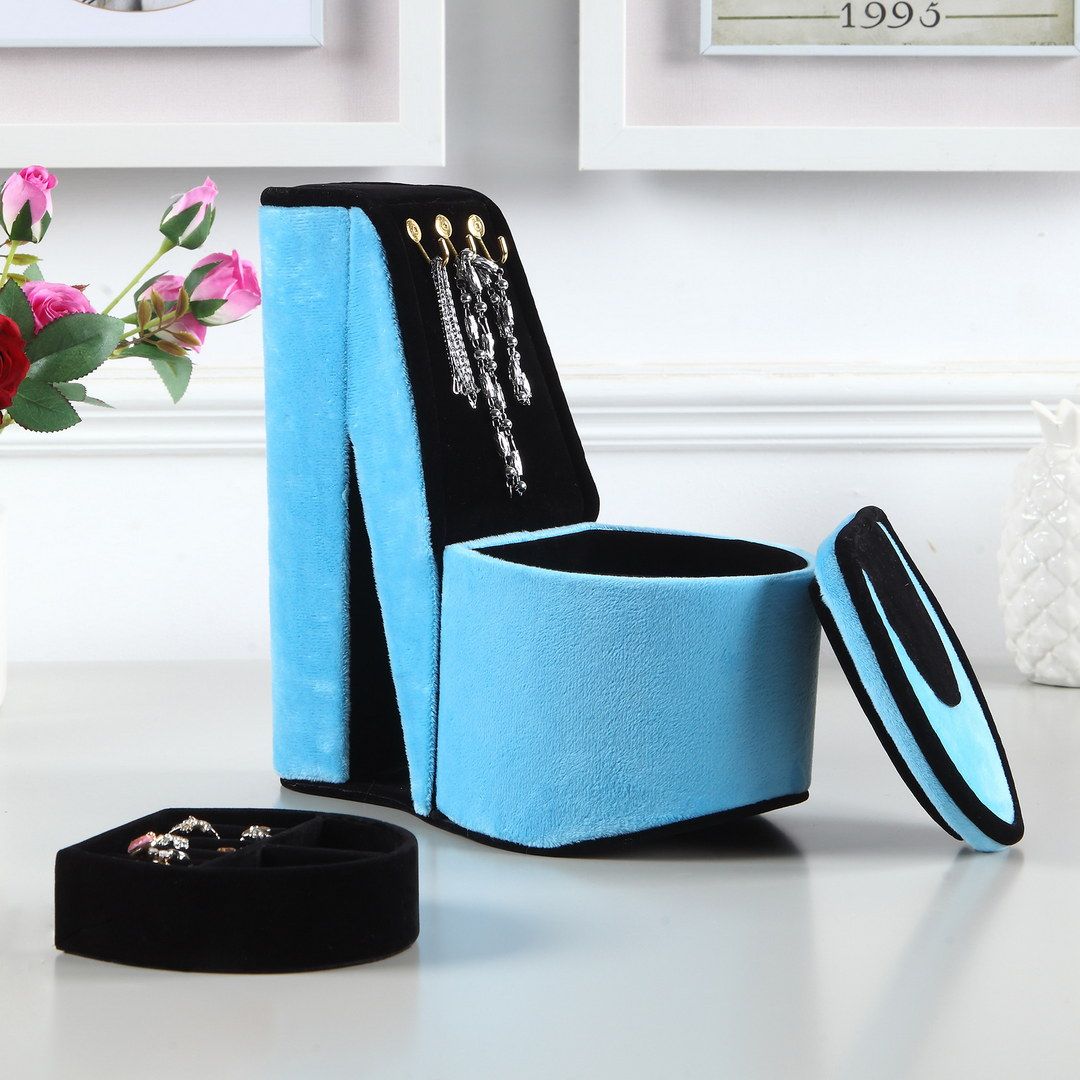 9" Tall Display Jewelry Box with Hooks, High Heel Shoe Design, Turquoise Velvet