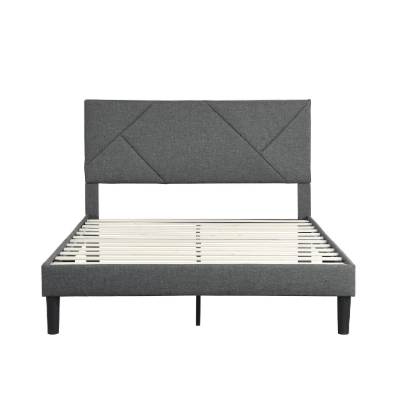 Full Size Upholstered Platform Bed Frame With Head Plate For Easy Assembly, Grey